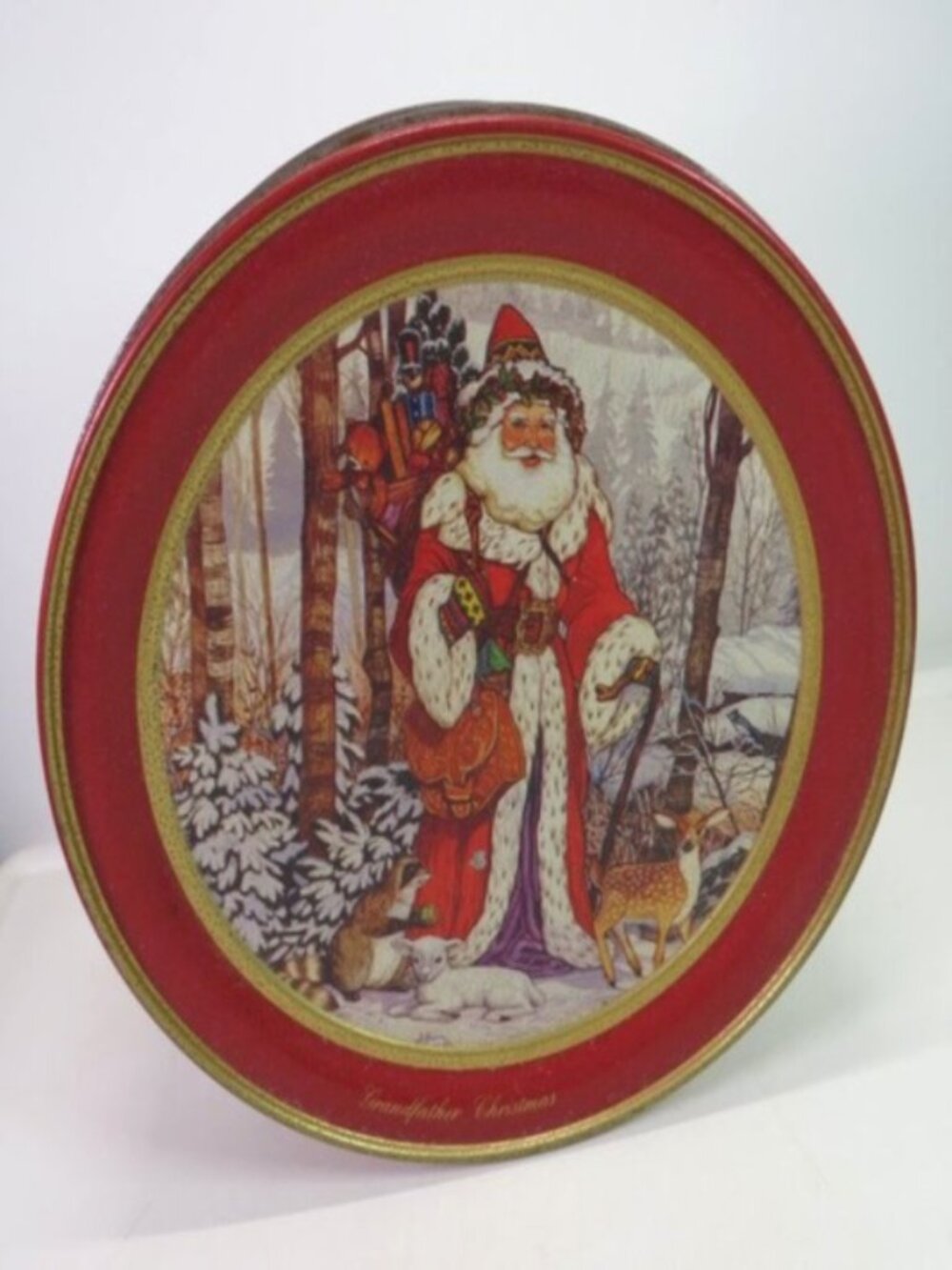 Vintage Grandfather Christmas Metal Tin – Woodland Santa Holiday Storage